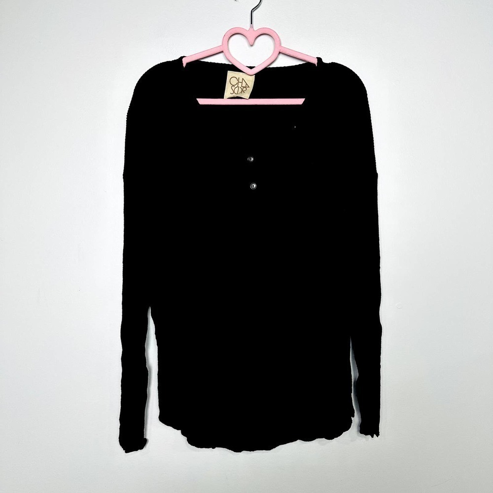 Chaser NWT Vintage Ribbed Long Sleeve Oversized Henley Tee Shirt Black Sz Medium